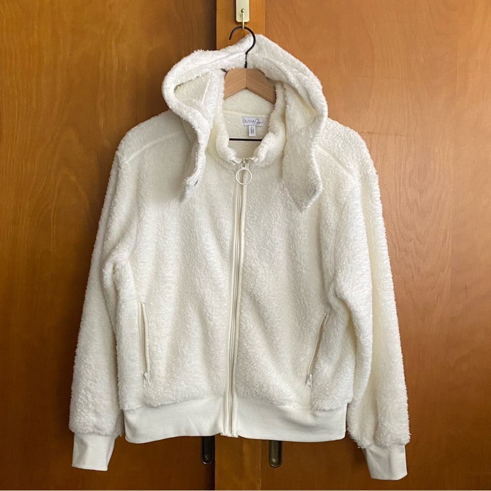 Olivia Sky Ivory Sherpa Shearling Hooded Jacket Size Large